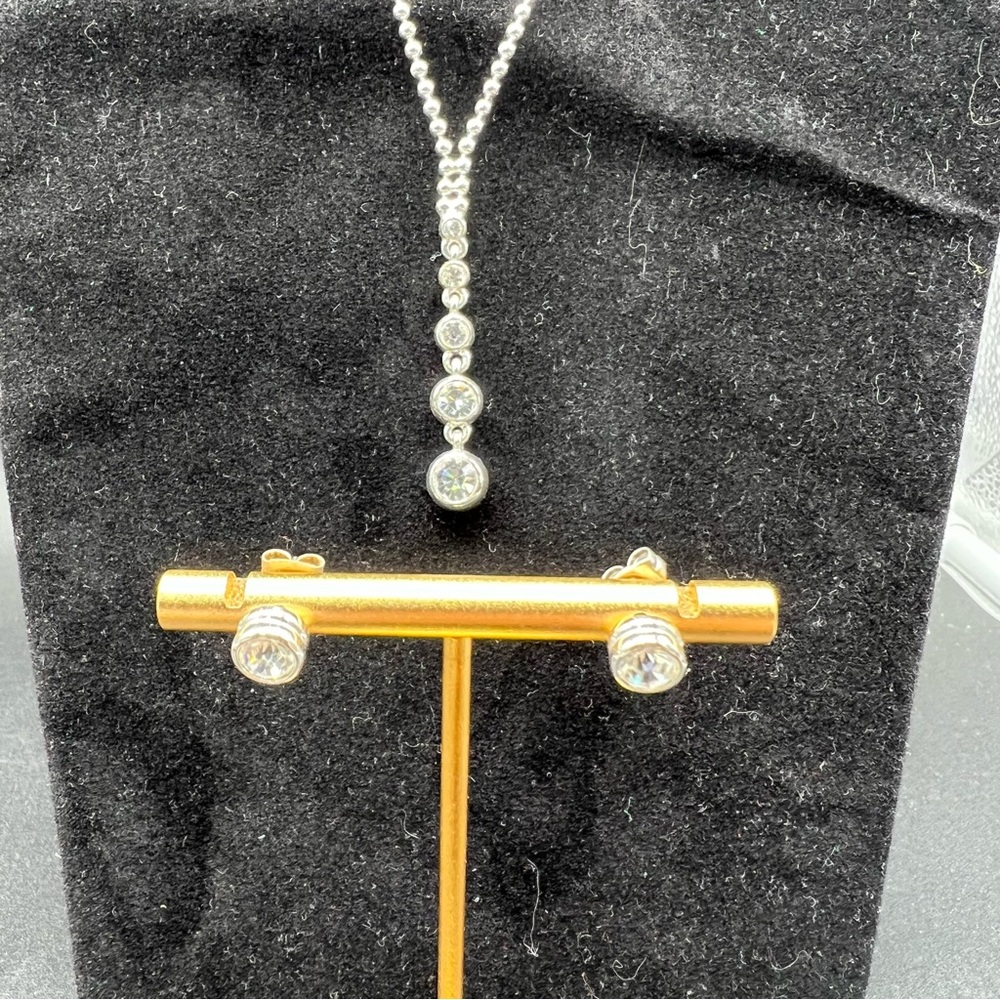 CZ Bezel Set Drop Necklace & Stud Earrings Silver Tone Bridal - Prom Jewelry Set